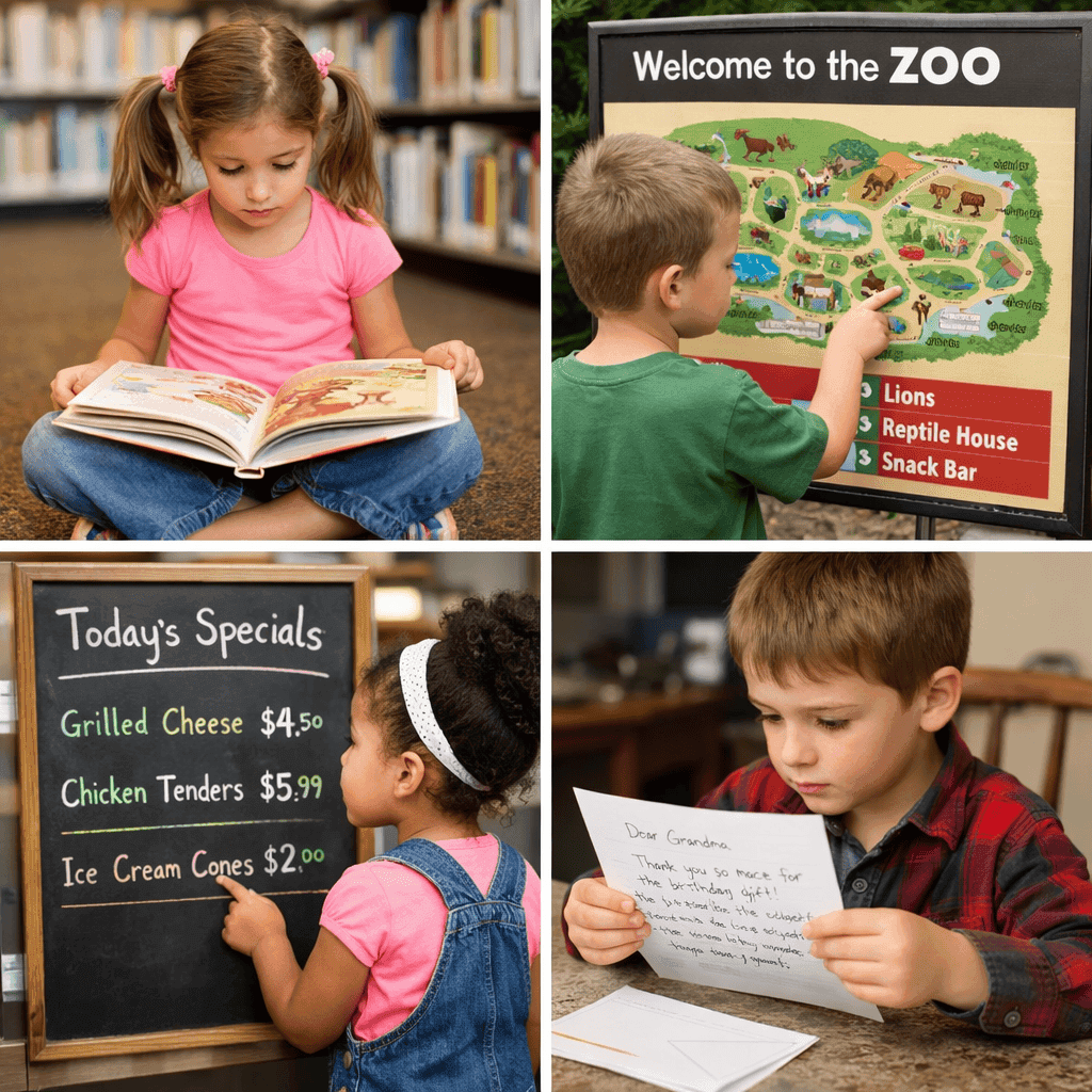 Children reading books, signs, menus, and letters in real-world situations